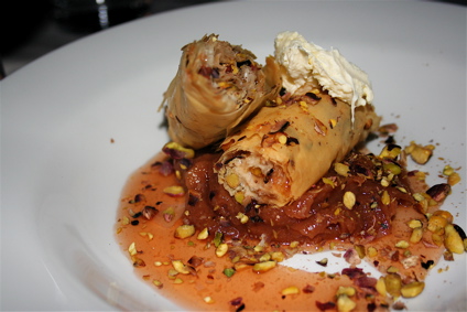 updated baklava, served with clotted cream and quince puree
